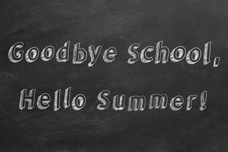 Hand drawing and animated text Goodbye School, Hello Summer! on blackboard. Stop motion animation.の写真素材
