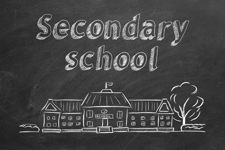 School building  and lettering Secondary school on blackboard. Hand drawn sketch.の写真素材