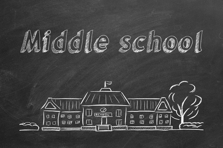 School building  and lettering Middle school on blackboard. Hand drawn sketch.の写真素材