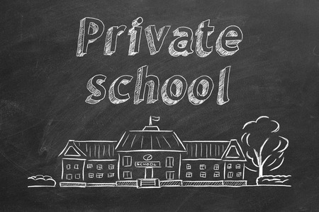 School building  and lettering Private school on blackboard. Hand drawn sketch.の写真素材