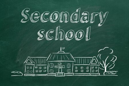 School building  and lettering Secondary school on blackboard. Hand drawn sketch.
