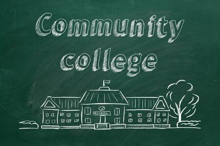 School building  and lettering Community college on blackboard. Hand drawn sketch.の写真素材