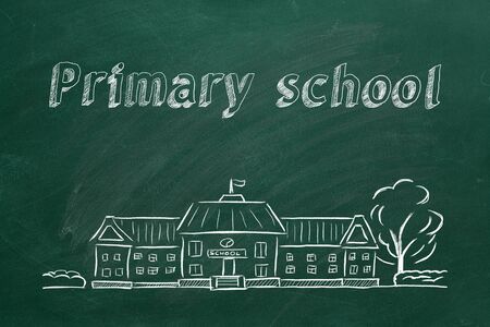 School building  and lettering Primary school on blackboard. Hand drawn sketch.