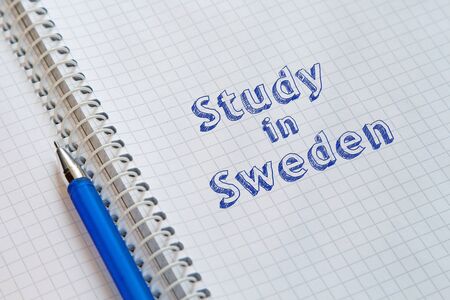 Text Study in Sweden handwritten on sheet of notebook