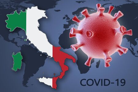 Coronavirus cell and map of Italy on background of the World mapの写真素材