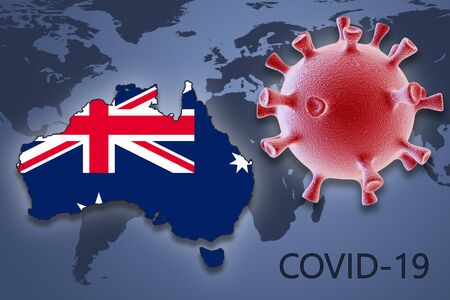 Coronavirus cell and map of Australia on background of the World mapの写真素材