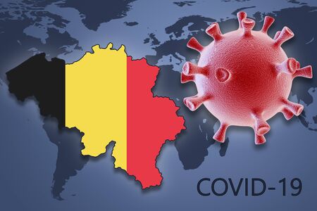 Coronavirus cell and map of Belgium on background of the World mapの写真素材