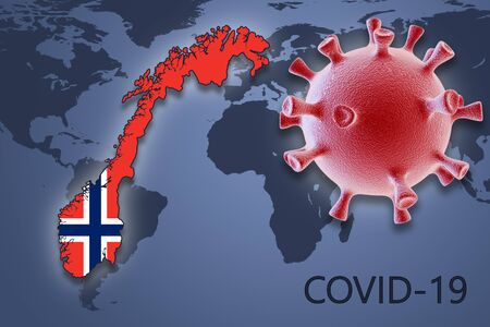 Coronavirus cell and map of Norway on background of the World mapの写真素材