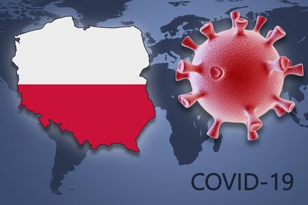 Coronavirus cell and map of Poland on background of the World mapの写真素材