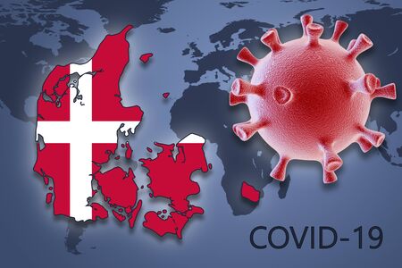 Coronavirus cell and map of Denmark on background of the World mapの写真素材
