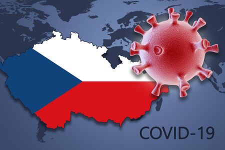 Coronavirus cell and map of Czech Republic on background of the World mapの写真素材