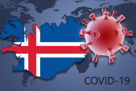 Coronavirus cell and map of Iceland on background of the World mapの写真素材