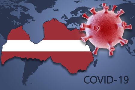 Coronavirus cell and map of Latvia on background of the World mapの写真素材