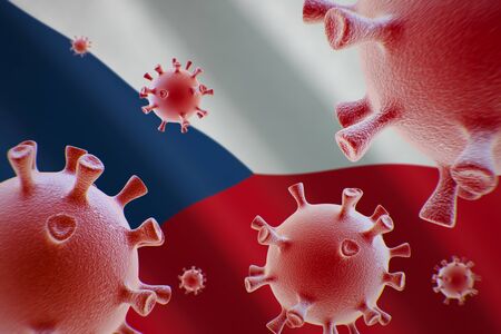 COVID-19. Coronavirus cells on the background of the flag of Czech Republicの写真素材