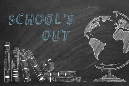 Lettering School's Out, globe and school books are drawn with chalk on a blackboard.の写真素材