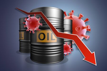 Fall in oil prices because of COVID-19.  Three oil barrels with cells of coronavirus. 3D render.の写真素材