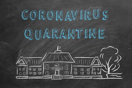 School building  and lettering coronavirus quarantine on blackboard. Hand drawn sketch. Coronavirus concept.の写真素材