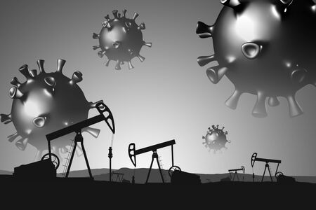 Covid-19. Oil industry collapse concept.3d models of coronaviruses fly over the oil field.の写真素材