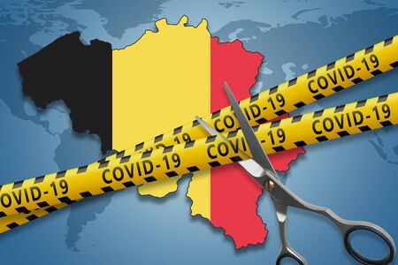 Lockdown is over concept.The end of the Covid-19 pandemic. Scissors cut a yellow ribbons with text Covid-19. 3D renderの写真素材