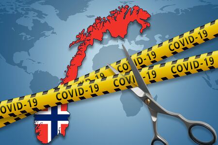 Lockdown is over concept.The end of the Covid-19 pandemic. Scissors cut a yellow ribbons with text Covid-19. 3D renderの写真素材