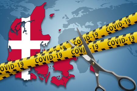 Lockdown is over concept.The end of the Covid-19 pandemic. Scissors cut a yellow ribbons with text Covid-19. 3D renderの写真素材