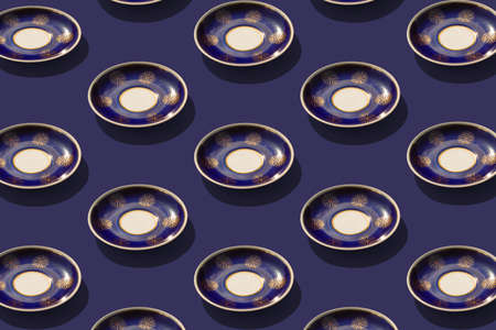 Background from large group of old ceramic plates. Flat lay, top view. Diagonal isometric view.