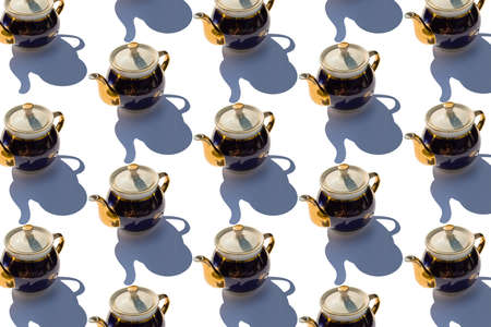Background from large group of old ceramic teapots. Flat lay, top view. Diagonal isometric view.の写真素材
