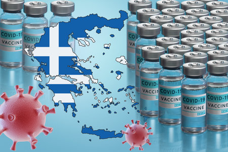 Greece to launch   vaccination campaign.  vaccine vials,  cells, map and flag of Greece on blue. Fighting the epidemic. Research and creation of a vaccine. 3D illustration.の写真素材