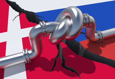 Fuel gas pipeline with a knot on background of Denmark and Russian flags. EU industrial economic sanctions. energy embargo. Oil import export from the world fuel trade market restricts.の写真素材