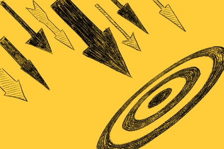 Many different arrows and target drawn on a yellow background. Concept of competition, strategyの写真素材