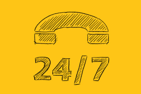 Phone icon with lettering 24-7 drawn on yellow. Contact center, call center, service center, info...