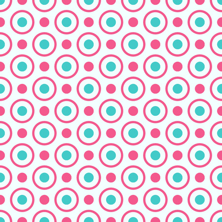 Seamless geometric pattern with bright pink and blue dots and circles. Seamless pattern can be used for wallpaper, pattern fills, web page background, surface textures.のイラスト素材