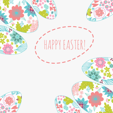 Easter card with doodle ornament eggs set. Copy space. Happy easter text or place for your textのイラスト素材