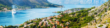 Aerial view of Bay of Kotor, Montenegro. Giant cruise liner in Boka Kotorskaのeditorial素材