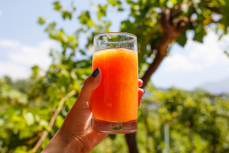 Woman holding glass of a fresh citrus orange and grapefruit juice in her hand hand.の写真素材