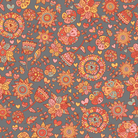 Vector floral pattern in doodle style with flowers and leaves. Colorful spring floral background.のイラスト素材