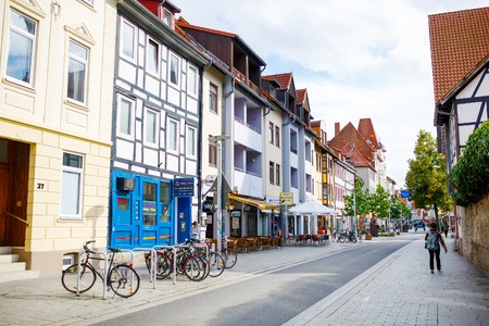 Goettingen, Germany - September 14, 2015: Goettingen Old Town with pedestrians, bicycles and numerous shops.のeditorial素材
