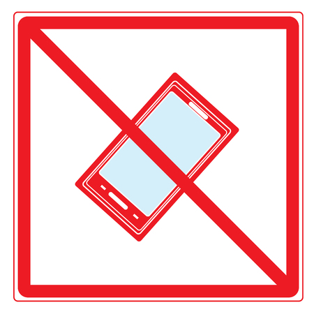 No call Sign in red square. Isolated on white background. No telephone symbol on white mark. No telephone ban sign picture. Red sticker vector illustration. Flat vector image. Vector illustration.のイラスト素材