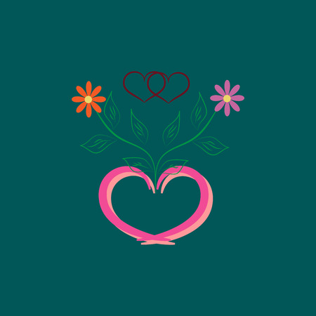Valentines day card. Romantic flower around two heart in frame heart. Two heart symbol love and holiday womens day. Romantic sign linked, join, love, passion. Design element. Vector illustrationのイラスト素材
