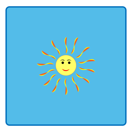 The sun sign on blue background. Orange solar mark. Bright, sunny icon good mood. Isolated logo spring, summer. Symbol hot, warm, sunlight and good weather. Flat vector image. Vector illustration.のイラスト素材