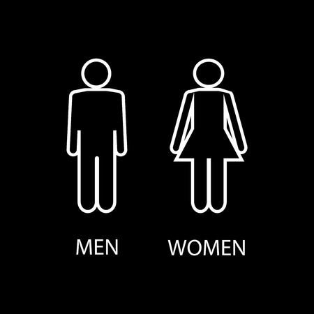 White silhouette men and women icon on black background. Sign restroom women and men. Icon public toilette and bathroom for hygiene. Template for poster,sign. Flat vector image. Vector illustrationのイラスト素材