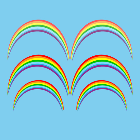 Rainbow on sky sign. Illustration colorful spectrum arc. Cute colorful symbol spring, summer, rain. Color bow mark clean nature. Template for t shirt, card, poster. Design element. Vector illustrationのイラスト素材