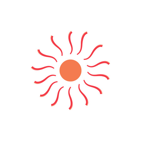 The sun sign on white background. Orange solar mark. Bright, sunny icon good mood. Isolated logo spring, summer. Symbol hot, warm, sunlight and good weather. Flat vector image. Vector illustration.のイラスト素材