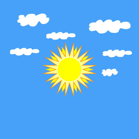 The sun sign on blue background. Orange solar mark. Bright, sunny icon good mood. Isolated logo spring, summer. Symbol hot, warm, sunlight and good weather. Flat vector image. Vector illustration.のイラスト素材