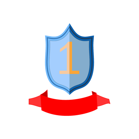 Shield and ribbon red sign. Modern symbol of victory and award achievement sport and etc. Insignia ceremony awarding of winner. Graphic antique heraldic badge. Design element. Vector illustration.のイラスト素材