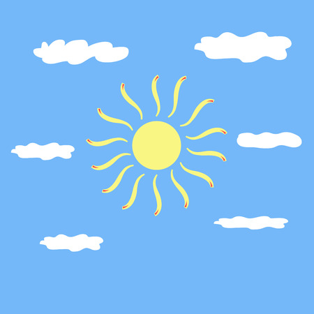 The sun sign on blue background. Yellow solar mark. Flat style. Vector illustration.のイラスト素材