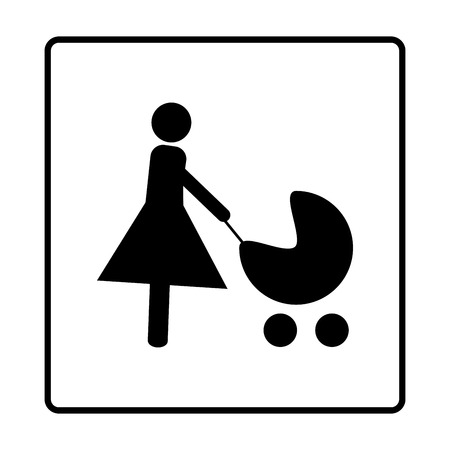 Silhouette mother and baby in stroller in black square. Icon carriage infant. Signboard motherhood and love of child. Template for banner and mark. Flat design image element. Vector illustration.のイラスト素材