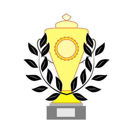 Gold cup and black reward sign. Modern symbol of victory, award achievement sport. Insignia ceremony awarding of winner tournament. Color template for badge, tag. Design element. Vector illustrationのイラスト素材