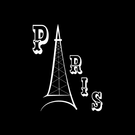 Lettering white Paris on black background. Fashion print for sports wear. Template for t shirt, apparel, card, poster. Eiffel Tower as symbol of love. Design monochrome element. Vector illustrationのイラスト素材