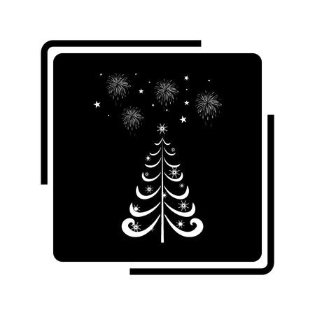 Christmas tree in square card. Silhouette design black spruce on white background. Symbol of winter, decoration and Christmas holiday season. Isolated graphic element. Flat image. Vector illustrationのイラスト素材
